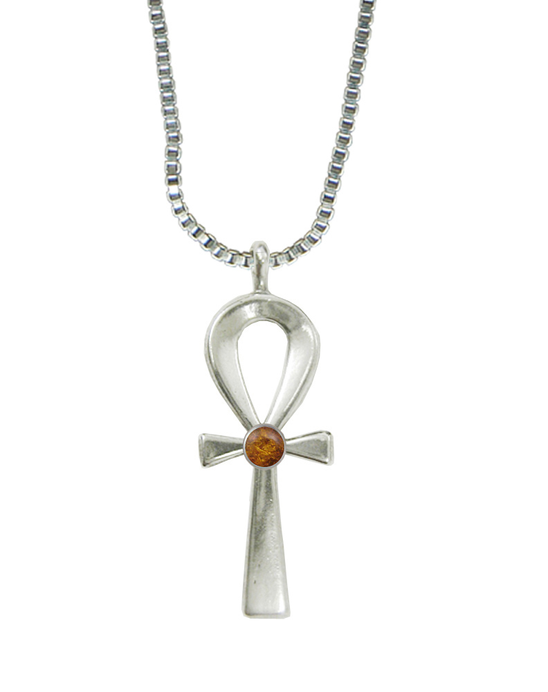 Sterling Silver Ankh Pendant With Amber